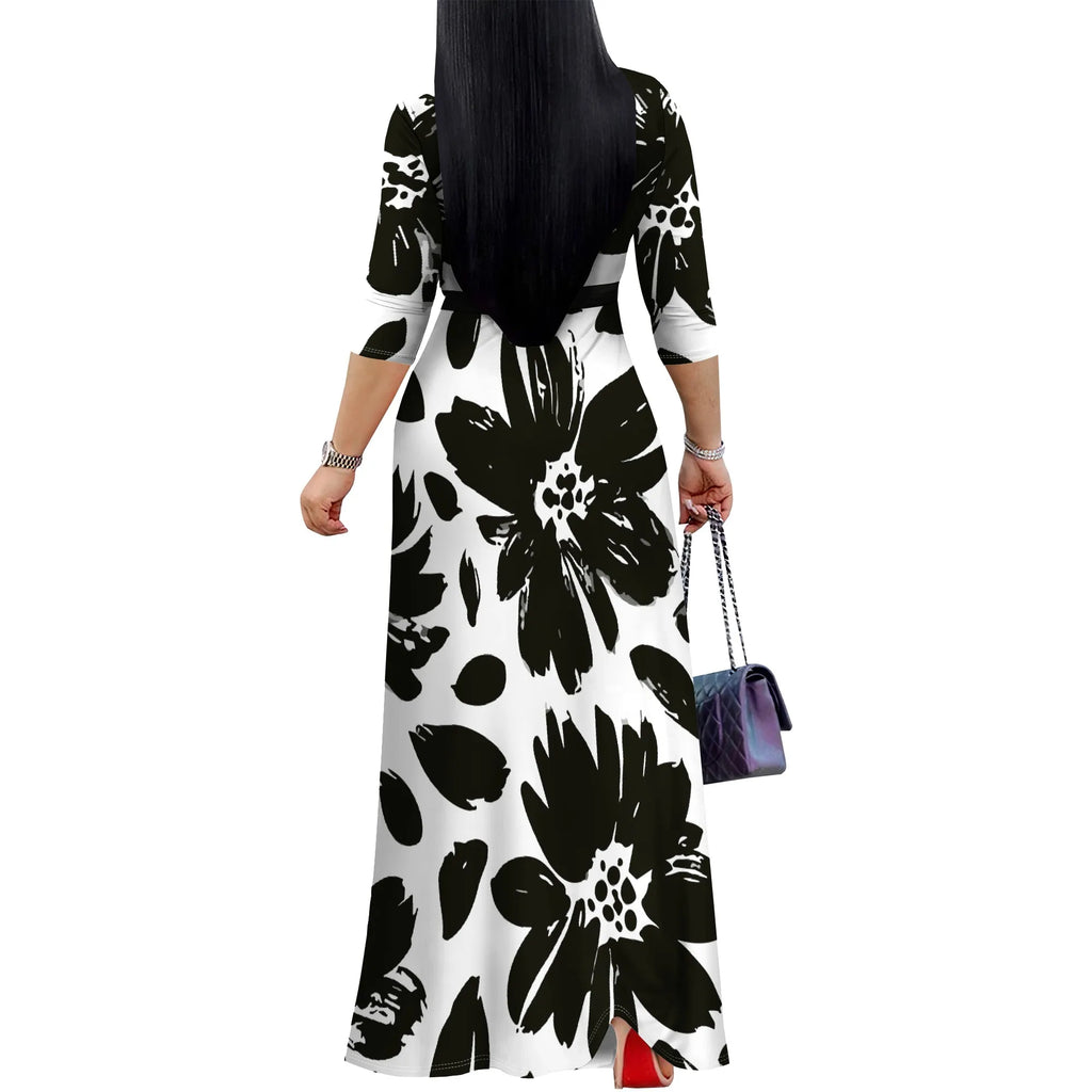 3/4 Sleeve V Neck Maxi Dress For Women With Pocket and Belt