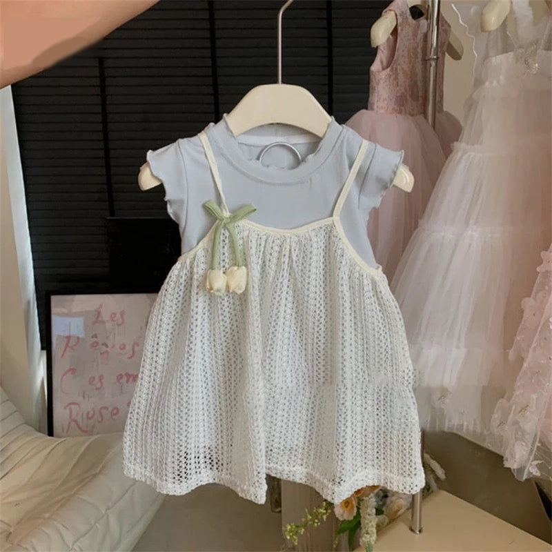 Children's Clothing 2026 Blue Clothing+Camisole Skirt set Summer Sweet Tulip Vest Knitted Skirt Korean Version Baby Set Stylish