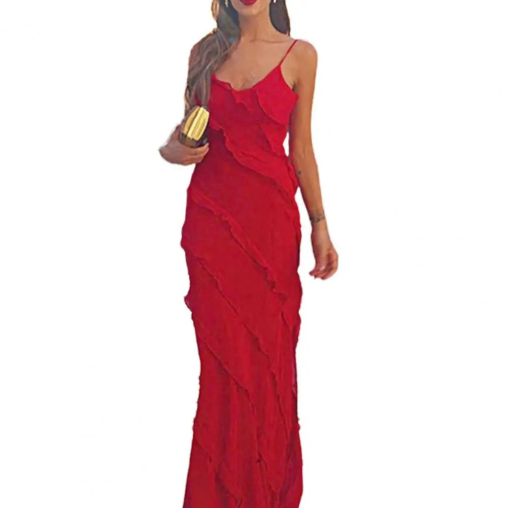 Spaghetti Strap Ruffled V Neck Dress Sexy Strap Open Back Split Ruffle Dress Cocktail Prom Party Maxi Dress Strappy Dresses
