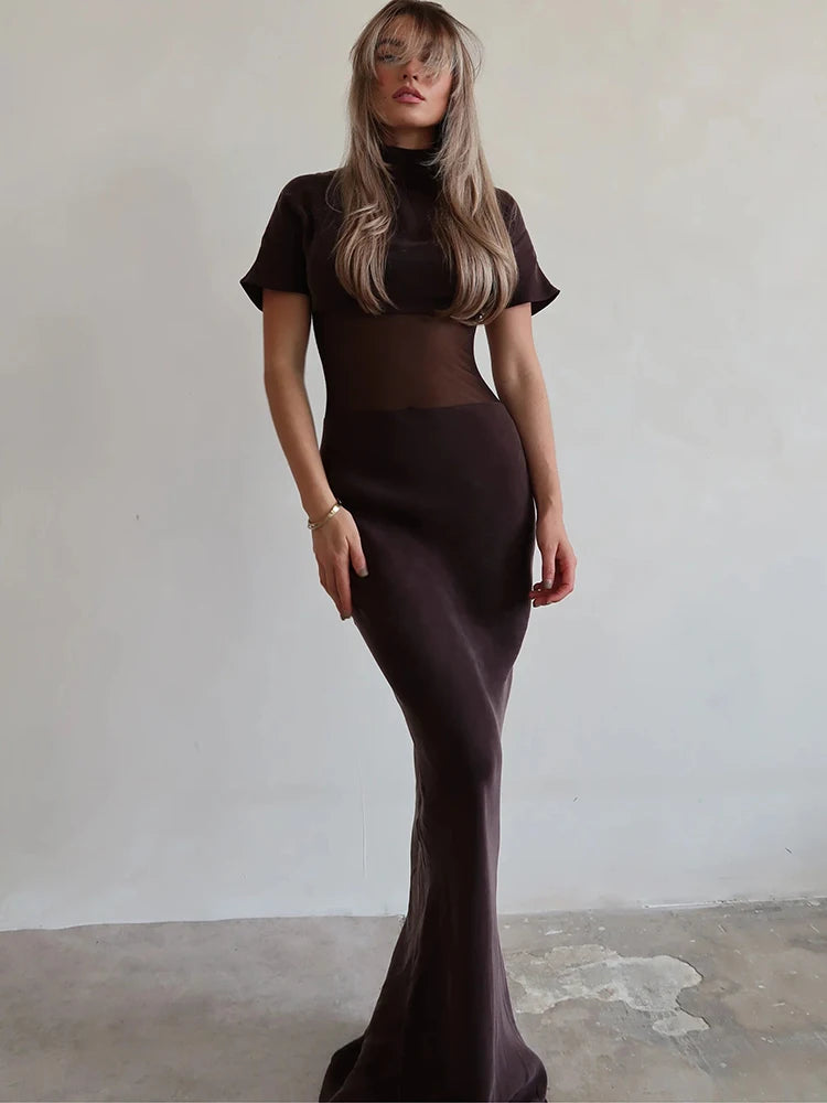 Mozision Turtleneck Short Sleeve Sexy Maxi Dress Women Gown Elegant Patchwork Mesh Sheer Backless Bodycon Club Party Long Dress