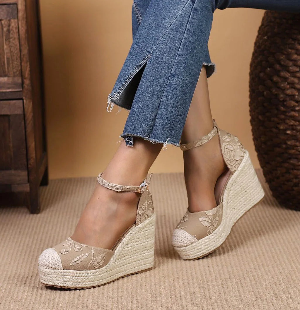 LIHUAMAO printed flower fabric comfort wedges sandals women high heel espadrilles shoes pumps csaual shoes bohemia beach style