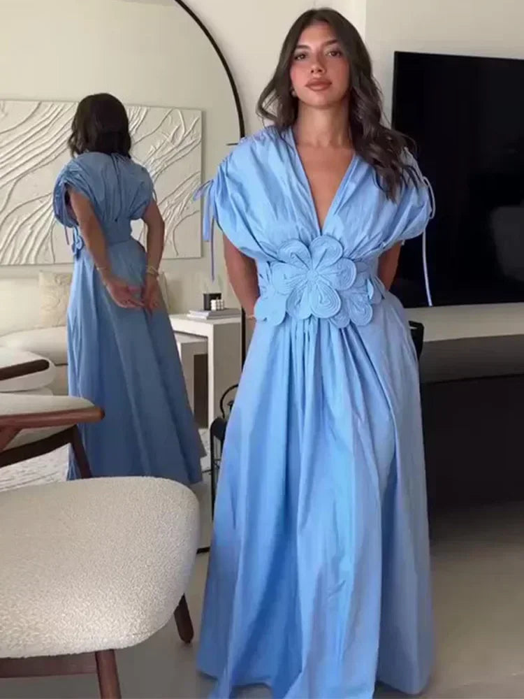 Casual Blue Flower Belt Women Maxi Dress Chic V-neck Lace Up Short Sleeve High Waist Dresses Summer Lady Pleated Street Robes