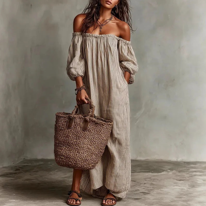 Spring Summer Beach Vacation Maxi Dress Woman Sexy Off Shoulder Puff Sleeve Long Dresses Vintage Striped Print Pocket Boho Dress
