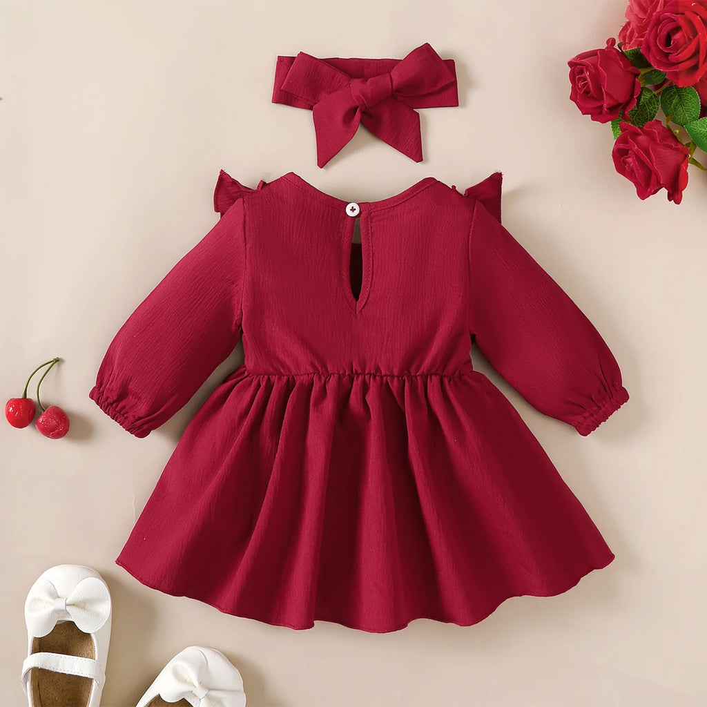 Baby girl Autumn Dress Ruffled Edges and Bow, Long sleeved Dress+Headband for 0-18 Months Cute Baby girl Holiday Party Costume