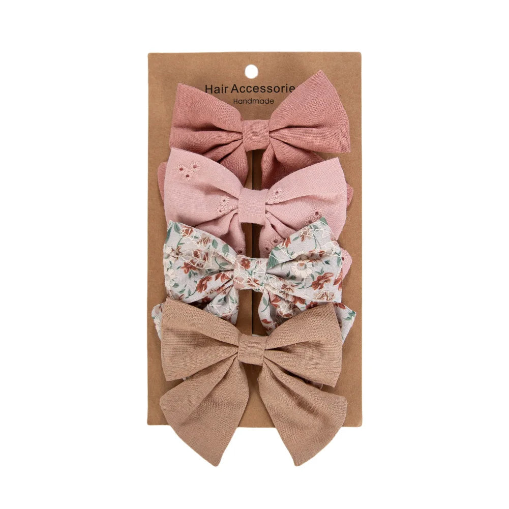 4Pcs/Set Baby Girls Hair Bows Clips Linen Cotton Ponytail Hairpins Plaid Flower Dot Printed Korean Ins Hairgrips Kids Headwear