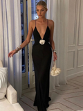 TARUXY Flower Deep V-Neck Maxi Dress For Women Sheer Sleeveless Slip Long Evening Dresses Party Clubwear Sexy Backless Elegant
