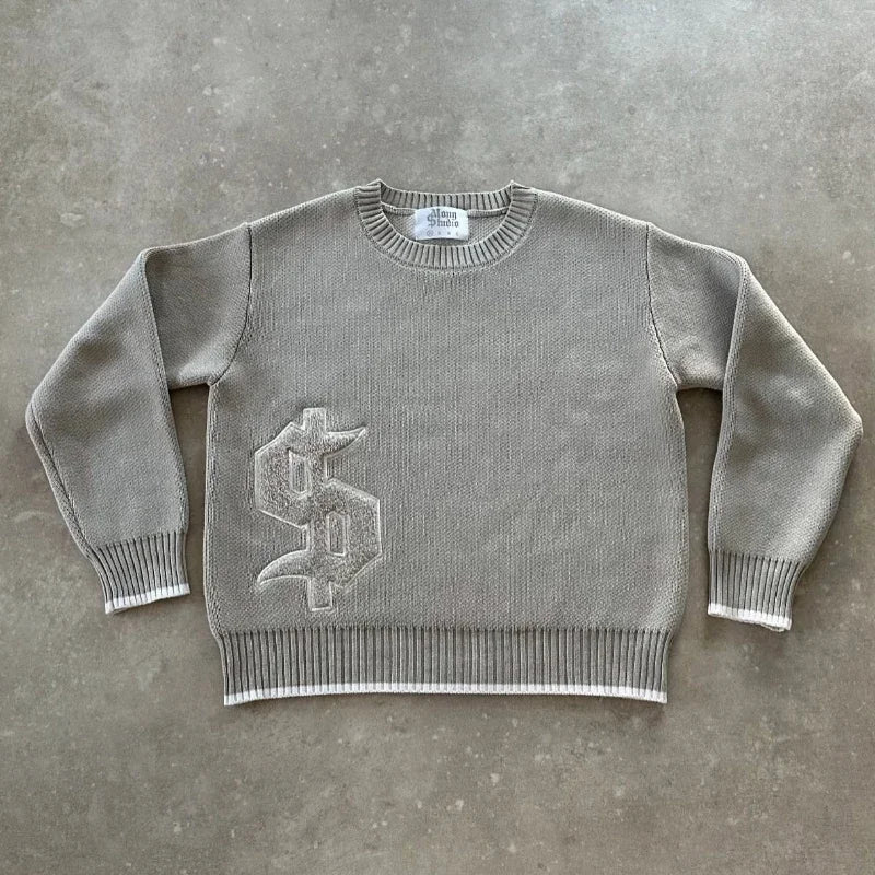 European and American embroidered round sweater men's street design jacquard loose sweater Y2K vintage classic street clothing