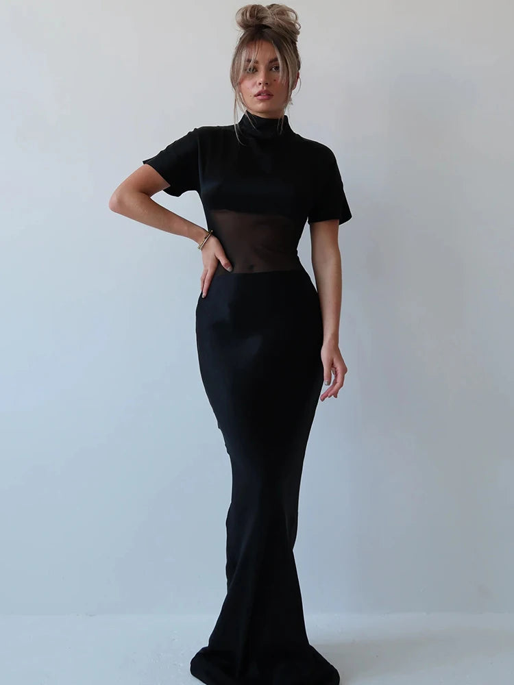 Mozision Turtleneck Short Sleeve Sexy Maxi Dress Women Gown Elegant Patchwork Mesh Sheer Backless Bodycon Club Party Long Dress