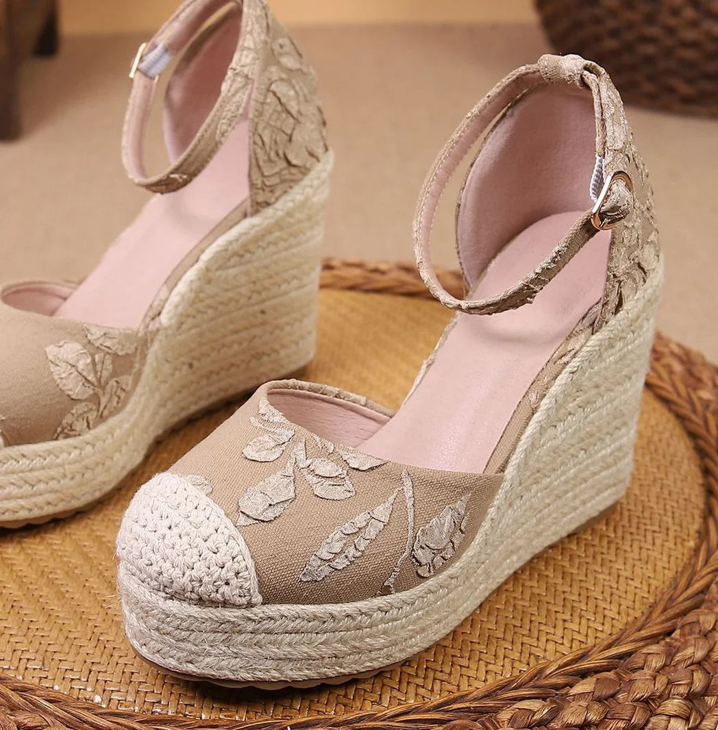 LIHUAMAO printed flower fabric comfort wedges sandals women high heel espadrilles shoes pumps csaual shoes bohemia beach style