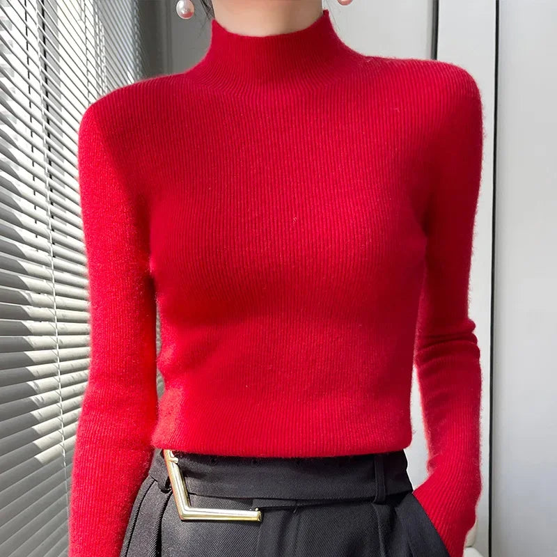 Autumn Winter Women Sweater Slim Fit Bottoming Shirt Basic Knitted Tops Black Long Sleeve Mock Neck Pullovers Strecth Innerwears