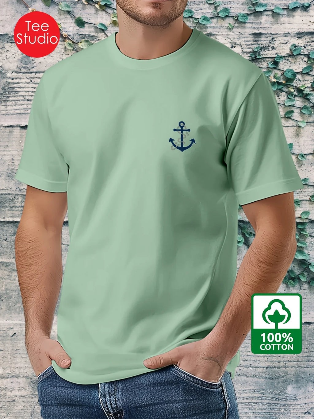 Men's 100% pure cotton fashionable casual loose boat anchor pattern printed round neck short sleeved T-shirt top