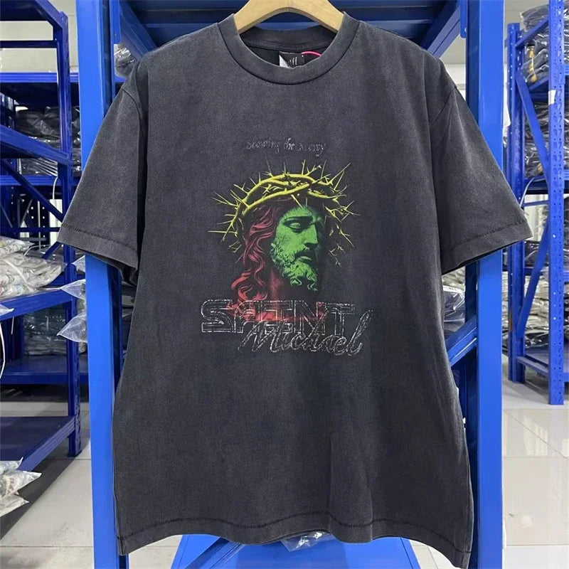 Saint JESUS Night Light Destruction distressed printed short sleeved T-shirt T Shirt Men Women T Shirt Top Tees