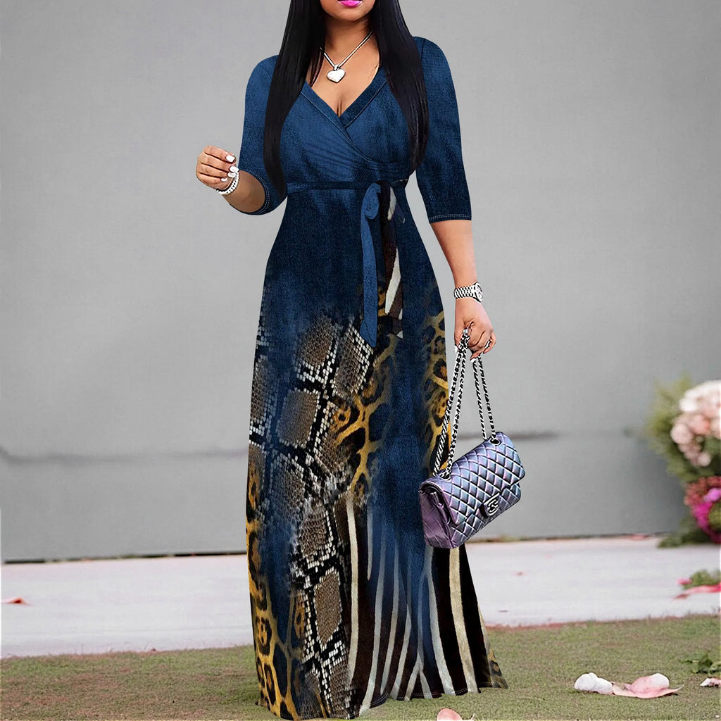 Women's 3/4 Sleeve V Neck Women With Pocket and Bel Long Dress Fashion Printed Split Hem Club Party Casual Vacation Maxi Dress