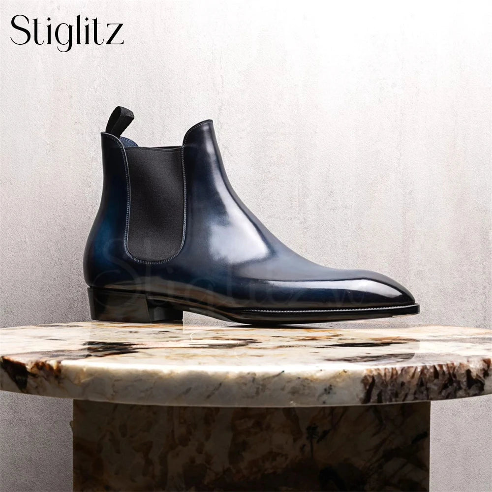 Almond Toe Chelsea Booties Formal Occasions Haute Couture Ankle Boots Genuine Leather Hand-Polished Stitched Slip-On Men's Boots