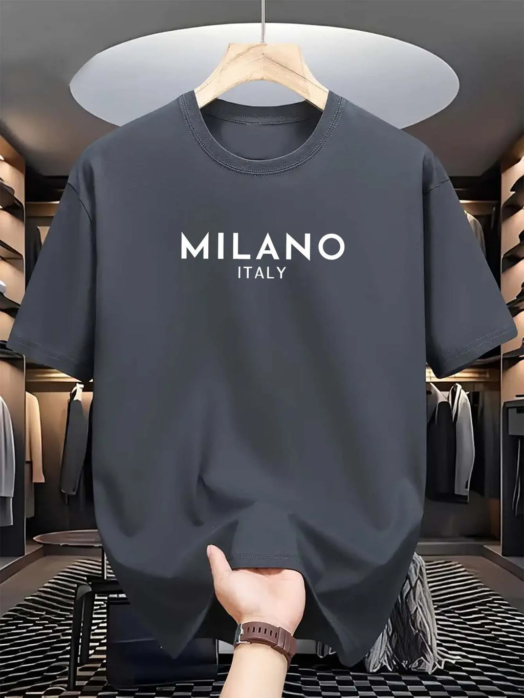 Summer men's 100% pure cotton casual loose and fashionable MILANO ITALY letter printed round neck short sleeved T-shirt top