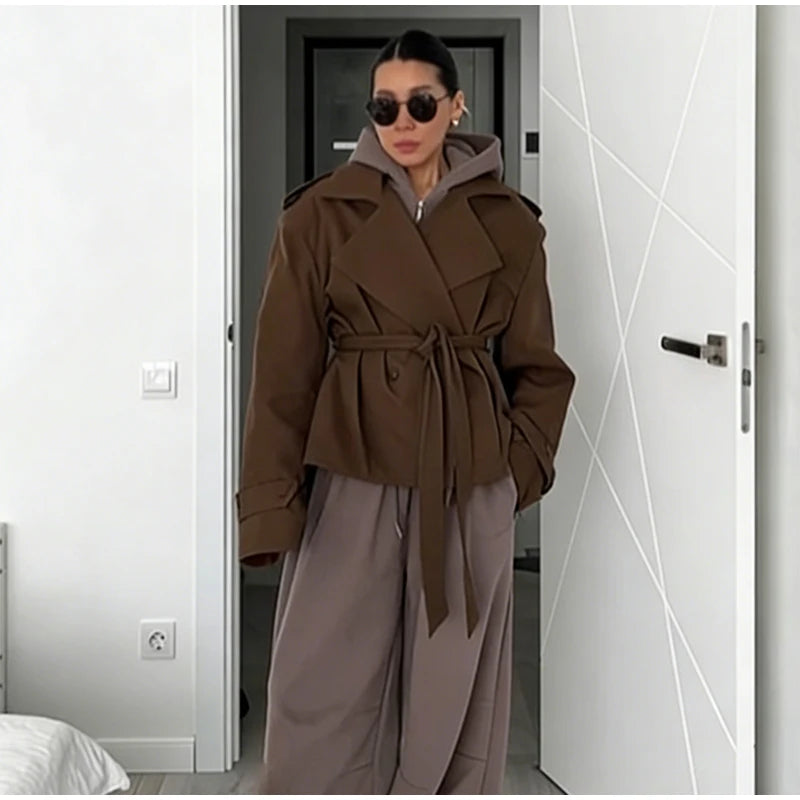 Solid Color Lace Up Windbreaker Women Fashion Long Sleeve Wide Shoulder Short Loose Jacket New Autumn Commuting Street Outerwear