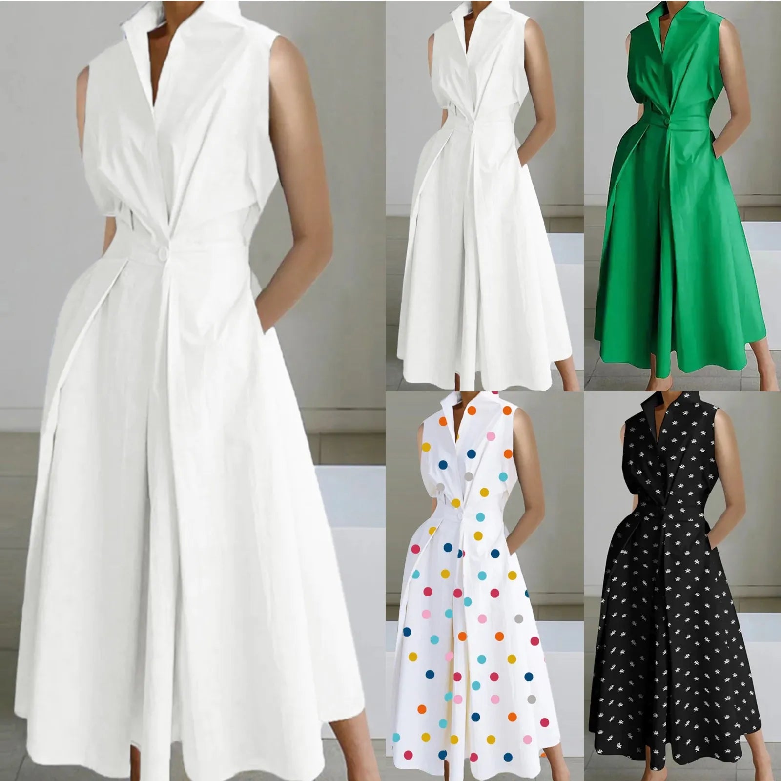 Korean Summer Sleeveless Shirt Dress for Women Turn Down Collar Ruched Maxi Dress Women Button Tunic Party Holiday Dress 원피스