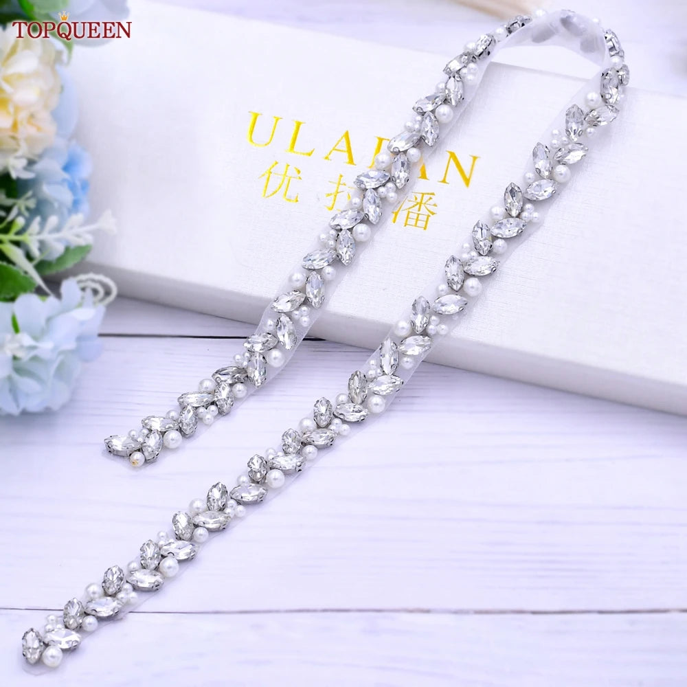 TOPQUEEN Wedding Belts and Sashes Handmade Beaded Belts for Dresses Pearl and Rhinestone Trim SIlver Gold Wedding Belt S383