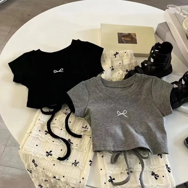 2-8Y Girls' Short Sleeve Shirt Children's 2025 Summer Dress New Style T-shirt Korean Bow Tops Wide Leg Pants Baby Summer Clothes