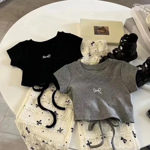 2-8Y Girls' Short Sleeve Shirt Children's 2025 Summer Dress New Style T-shirt Korean Bow Tops Wide Leg Pants Baby Summer Clothes