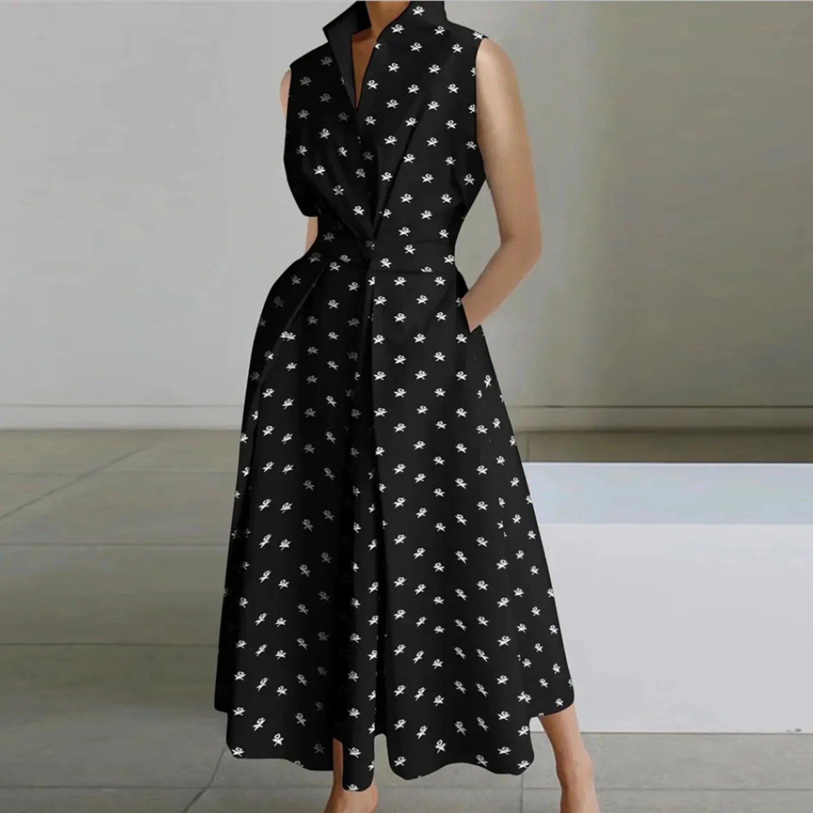 Korean Summer Sleeveless Shirt Dress for Women Turn Down Collar Ruched Maxi Dress Women Button Tunic Party Holiday Dress 원피스
