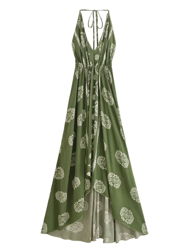 Vintage Women Floral Print Backless Sexy Beach Bohemian Maxi Dress Lady High-Low Tassel Strapless Vacation Summer Boho Dress
