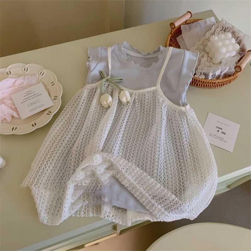 Children's Clothing 2026 Blue Clothing+Camisole Skirt set Summer Sweet Tulip Vest Knitted Skirt Korean Version Baby Set Stylish