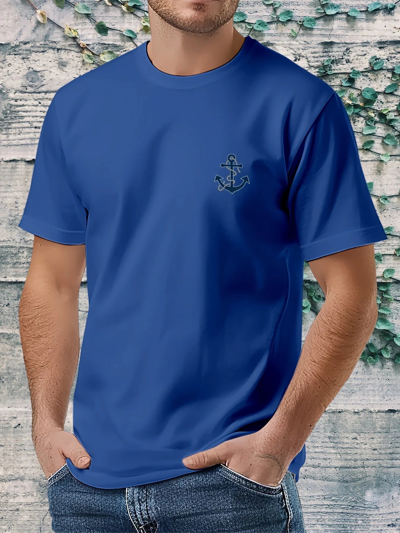 Men's 100% pure cotton fashionable casual loose boat anchor pattern printed round neck short sleeved T-shirt top