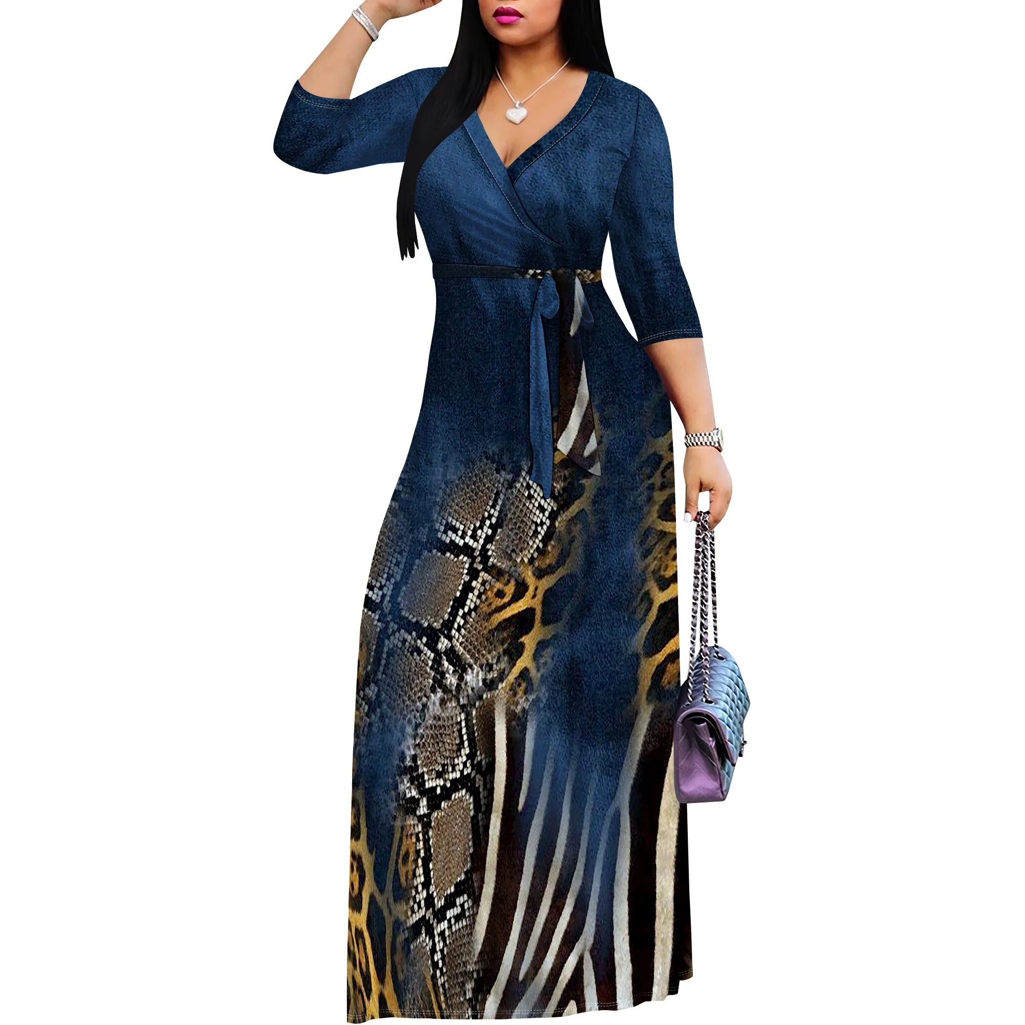 Women's 3/4 Sleeve V Neck Women With Pocket and Bel Long Dress Fashion Printed Split Hem Club Party Casual Vacation Maxi Dress