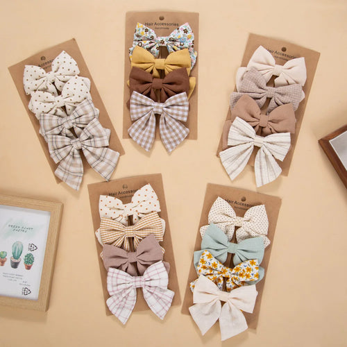 4Pcs/Set Baby Girls Hair Bows Clips Linen Cotton Ponytail Hairpins Plaid Flower Dot Printed Korean Ins Hairgrips Kids Headwear