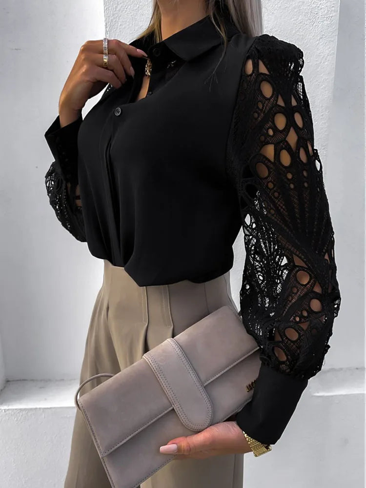 White Sexy Lace Hollow Out Women Blouse Autumn 2025 Spring Black Top Vintage Button Up Shirts Long Sleeve Mesh Design Tops 19948