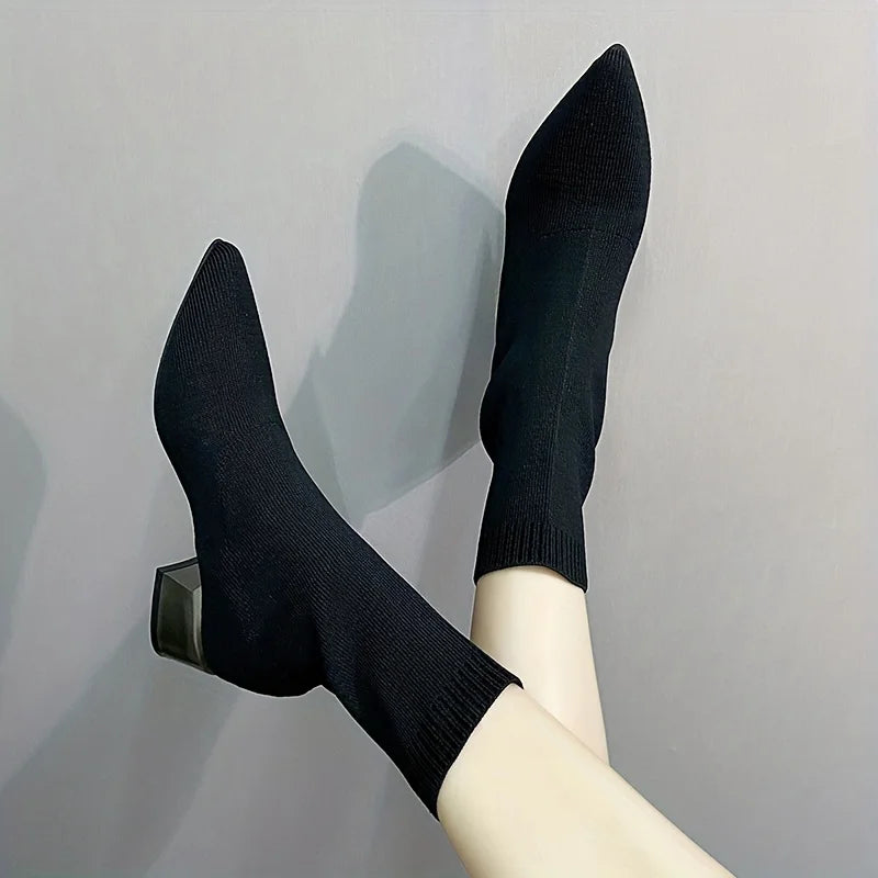 Women's Knitted Ankle Boots Pointed Toe Stretchy Chunky med Heels Fashion Sock Short Botas
