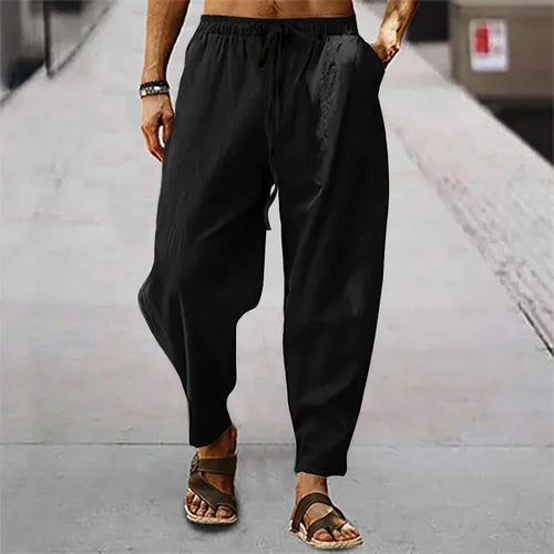2026 Men Cotton Linen Pants Summer and Autumn Solid High Waist Wide-Leg Trousers Male Loose Hemp Casual Breathable Sports Pants