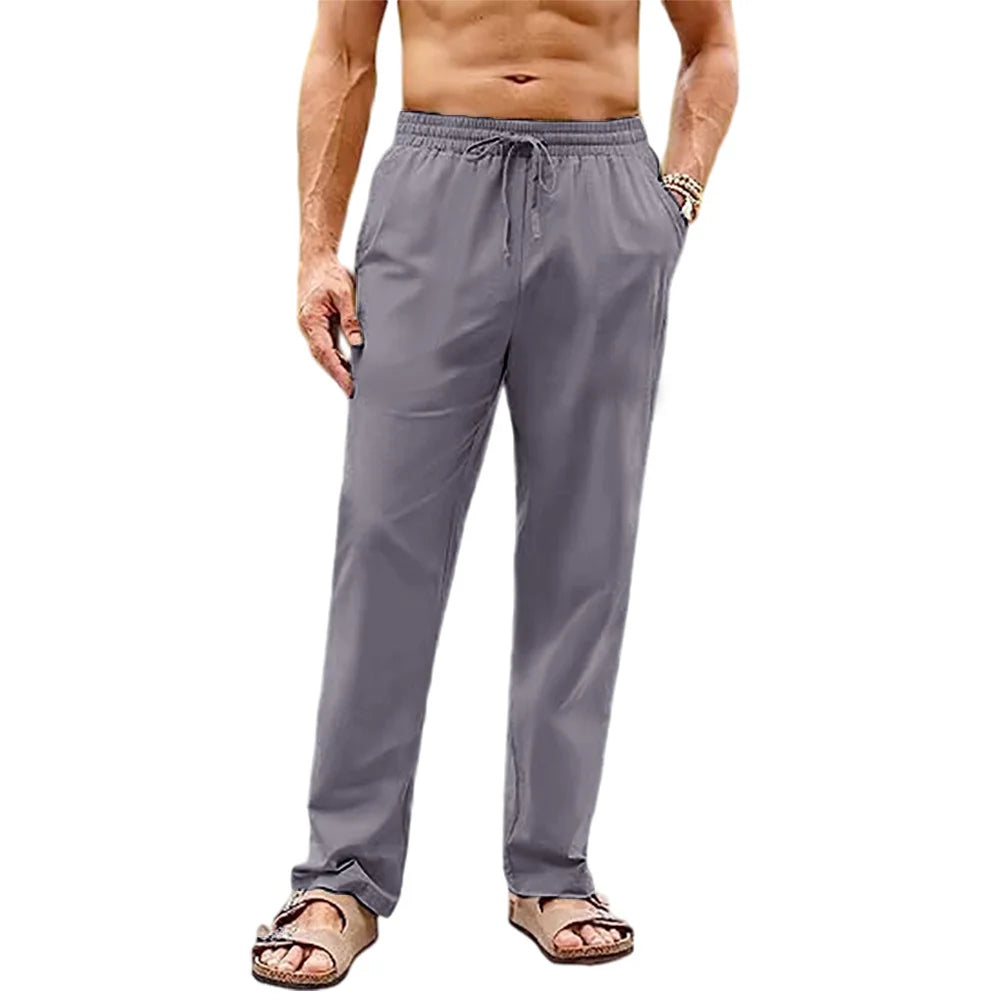 Men's Cotton Linen Long Pants Elastic Waist Drawstring Casual Trouser Straight Legs Beach Style Lightweight Breathable Pants