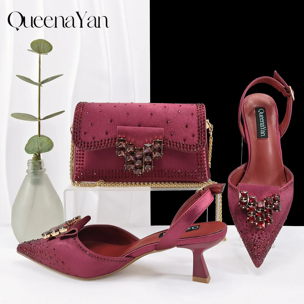 Queen Yan Green Color Rhinestone Comfortable high heel shoe And Bag Fashion Style Pointed-Toe Shoes For Women Or Commuting Shoes