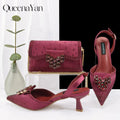 Queen Yan Green Color Rhinestone Comfortable high heel shoe And Bag Fashion Style Pointed-Toe Shoes For Women Or Commuting Shoes