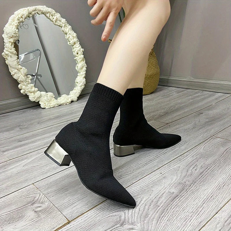 Women's Knitted Ankle Boots Pointed Toe Stretchy Chunky med Heels Fashion Sock Short Botas