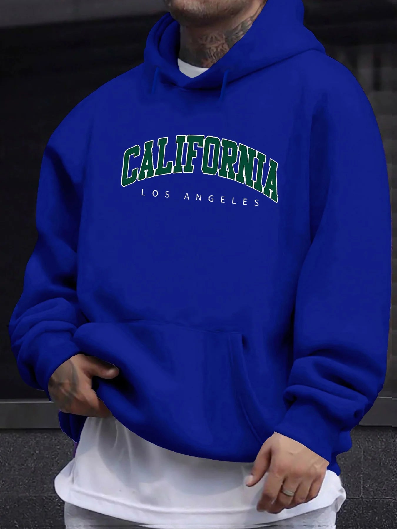 Men's autumn and winter casual fashion loose hooded sweatshirt California Los Angeles letter printed long sleeved warm pullover