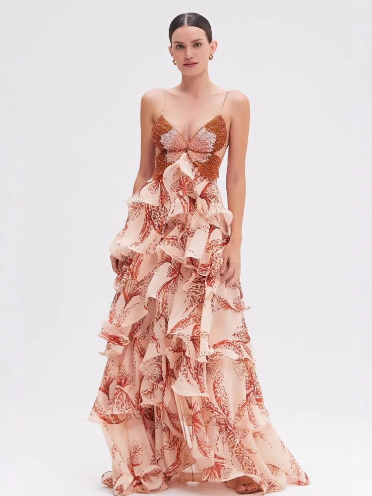 DFDG Women's 2025 Spring Summer Boho Maxi Dress Sling V-Neck Floral Print Layered Ruffle Butterfly Casual Vacation Flowy Dress