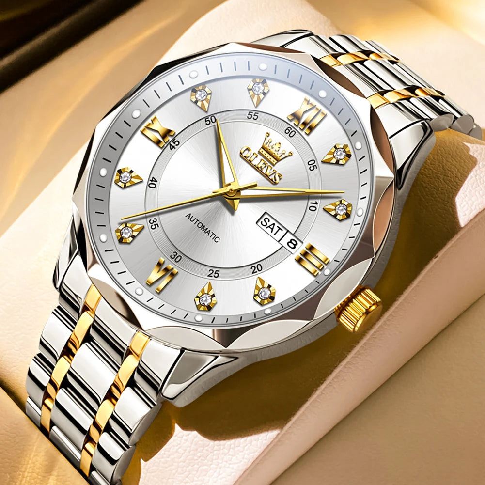 OLEVS 6727 Men's Watches Business Fashion Original Automatic Mechanical Watch for Man Grey Double Scale Waterproof Luminous Date