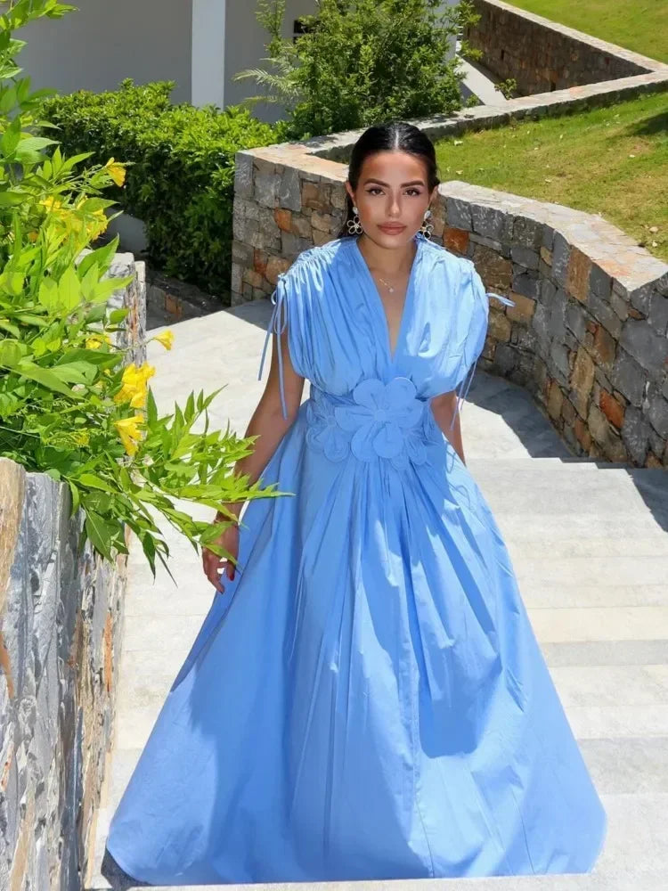 Casual Blue Flower Belt Women Maxi Dress Chic V-neck Lace Up Short Sleeve High Waist Dresses Summer Lady Pleated Street Robes