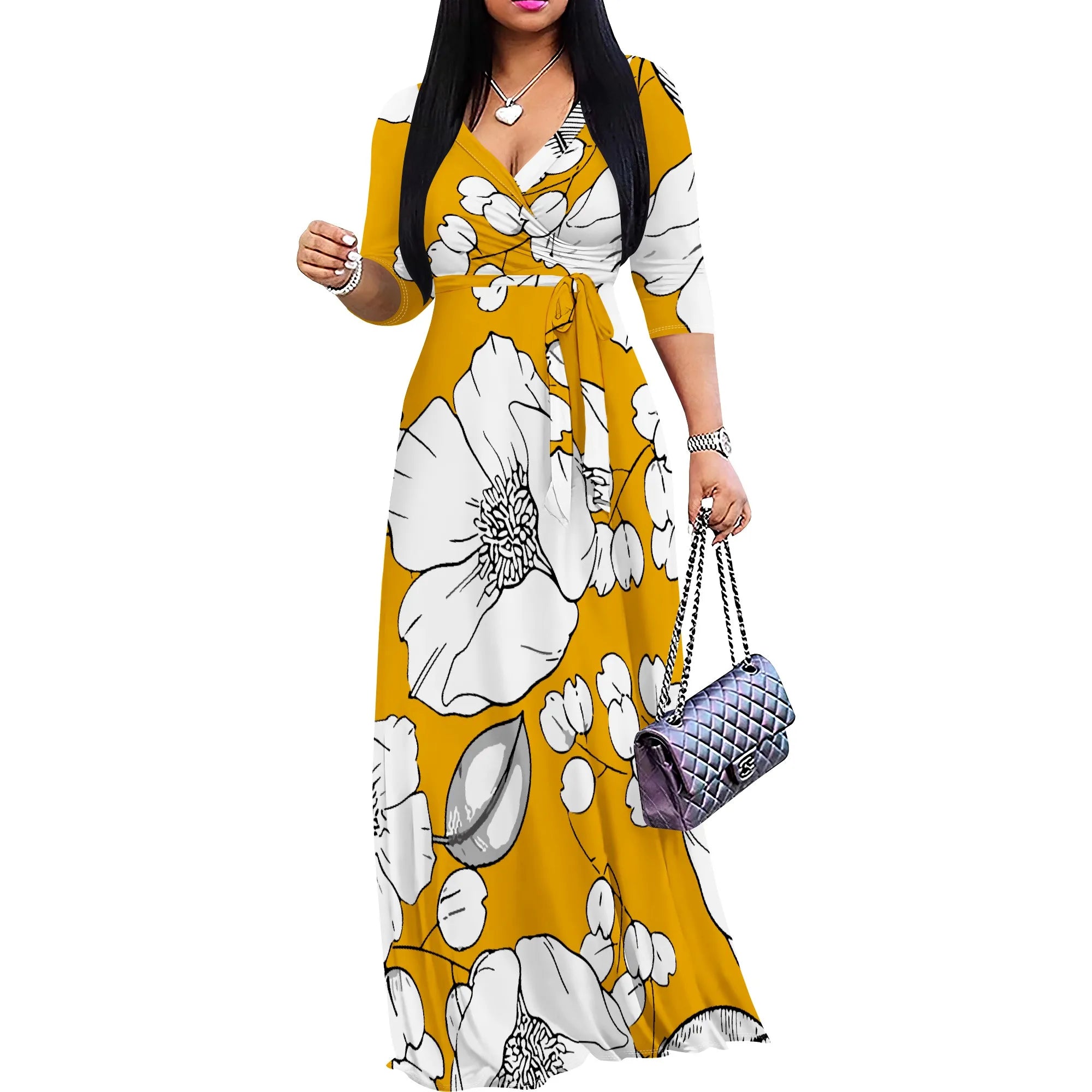 3/4 Sleeve V Neck Maxi Dress For Women With Pocket and Belt