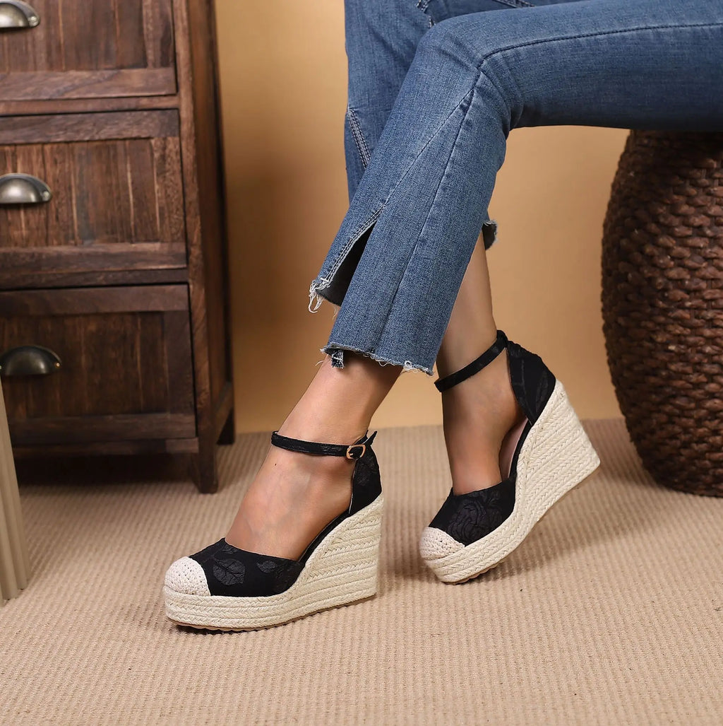 LIHUAMAO printed flower fabric comfort wedges sandals women high heel espadrilles shoes pumps csaual shoes bohemia beach style