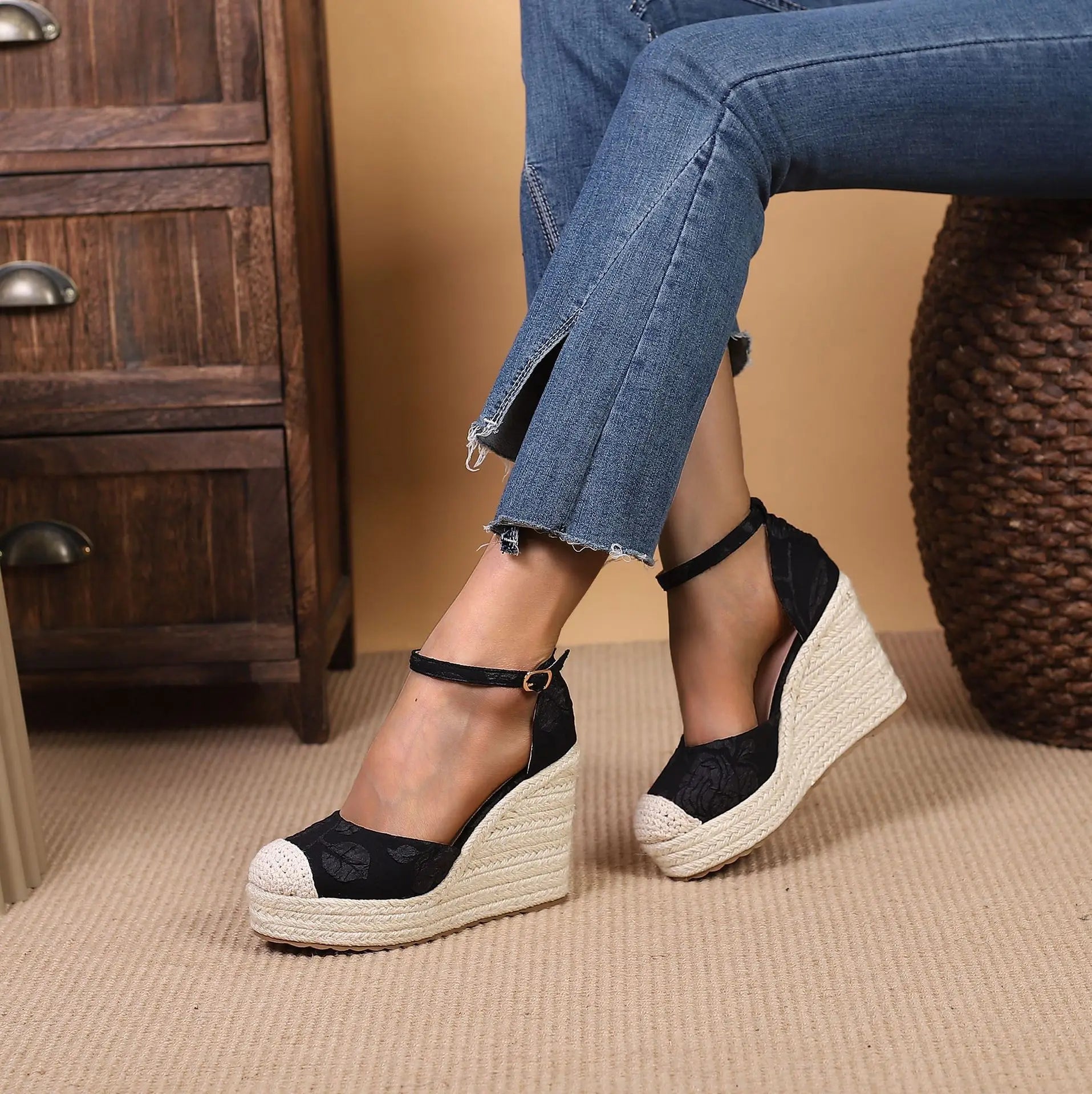 LIHUAMAO printed flower fabric comfort wedges sandals women high heel espadrilles shoes pumps csaual shoes bohemia beach style