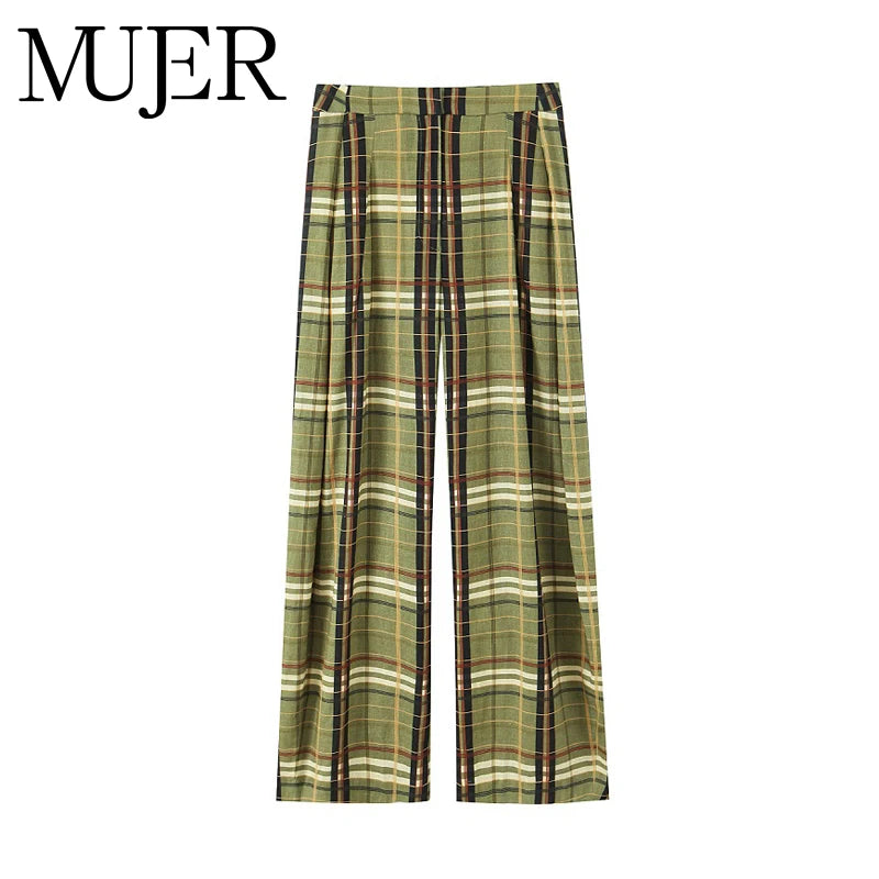 MUJER Plaid Baggy Pants Woman Casual Wide Leg Pants for Women Mid Waist Oversize Women's Pants Vintage Pleated Trousers Womens