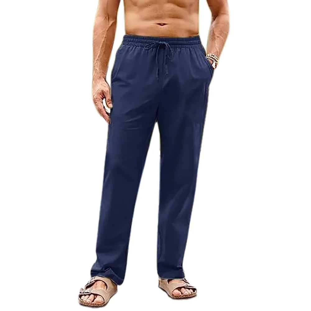 Men's Cotton Linen Long Pants Elastic Waist Drawstring Casual Trouser Straight Legs Beach Style Lightweight Breathable Pants