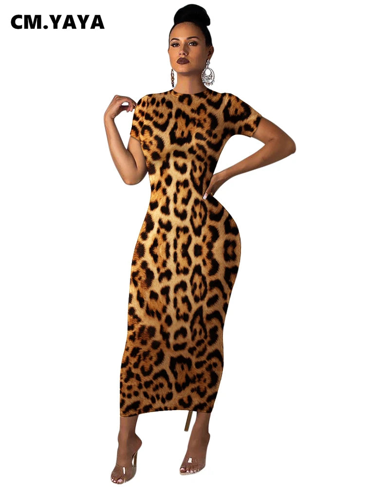 Summer Women Clothes Long Maxi Dress Short Sleeve Leopard Print Night Club Party Sexy Bandage Elegant Dresses Vestidos