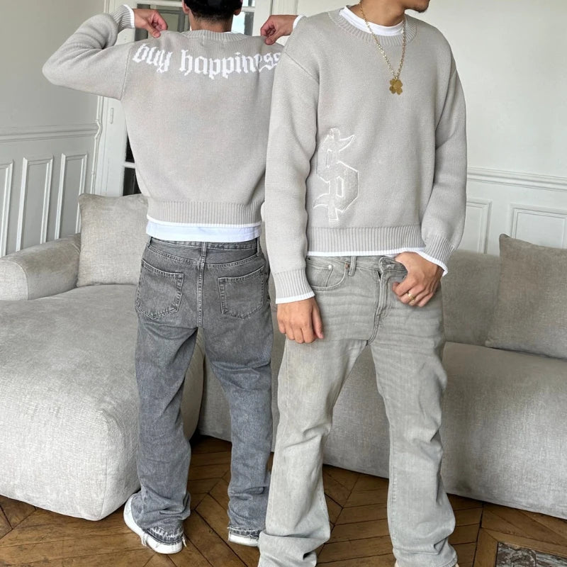 European and American embroidered round sweater men's street design jacquard loose sweater Y2K vintage classic street clothing