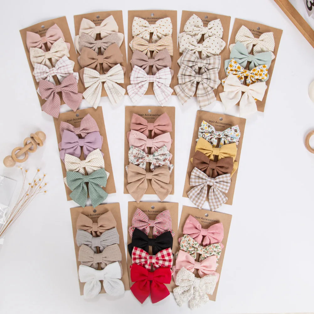 4Pcs/Set Baby Girls Hair Bows Clips Linen Cotton Ponytail Hairpins Plaid Flower Dot Printed Korean Ins Hairgrips Kids Headwear