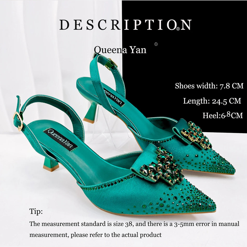 Queen Yan Green Color Rhinestone Comfortable high heel shoe And Bag Fashion Style Pointed-Toe Shoes For Women Or Commuting Shoes